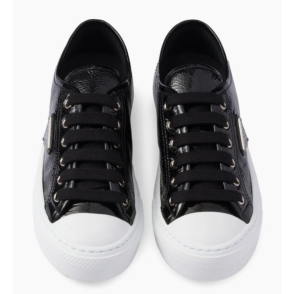 Prada Smash Naplak Black White Patent Logo Flat Low Top Trainer Sneaker 39.5 - Picture 9 of 16